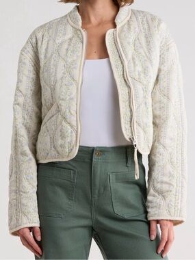 Blank NYC Quilted Cream Jacket with Pale Blue-Green Floral Print